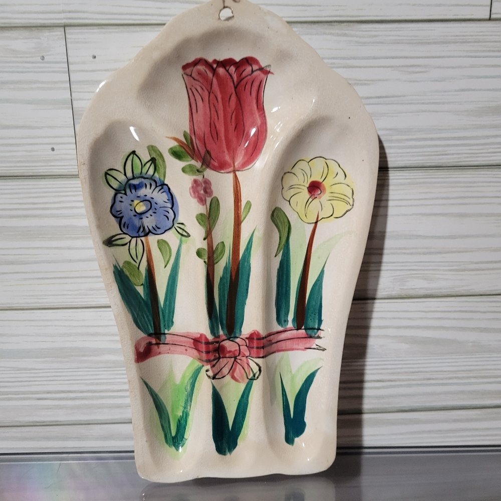 Vintage Ceramic Handpainted Floral Spoon Rest Wall Accent